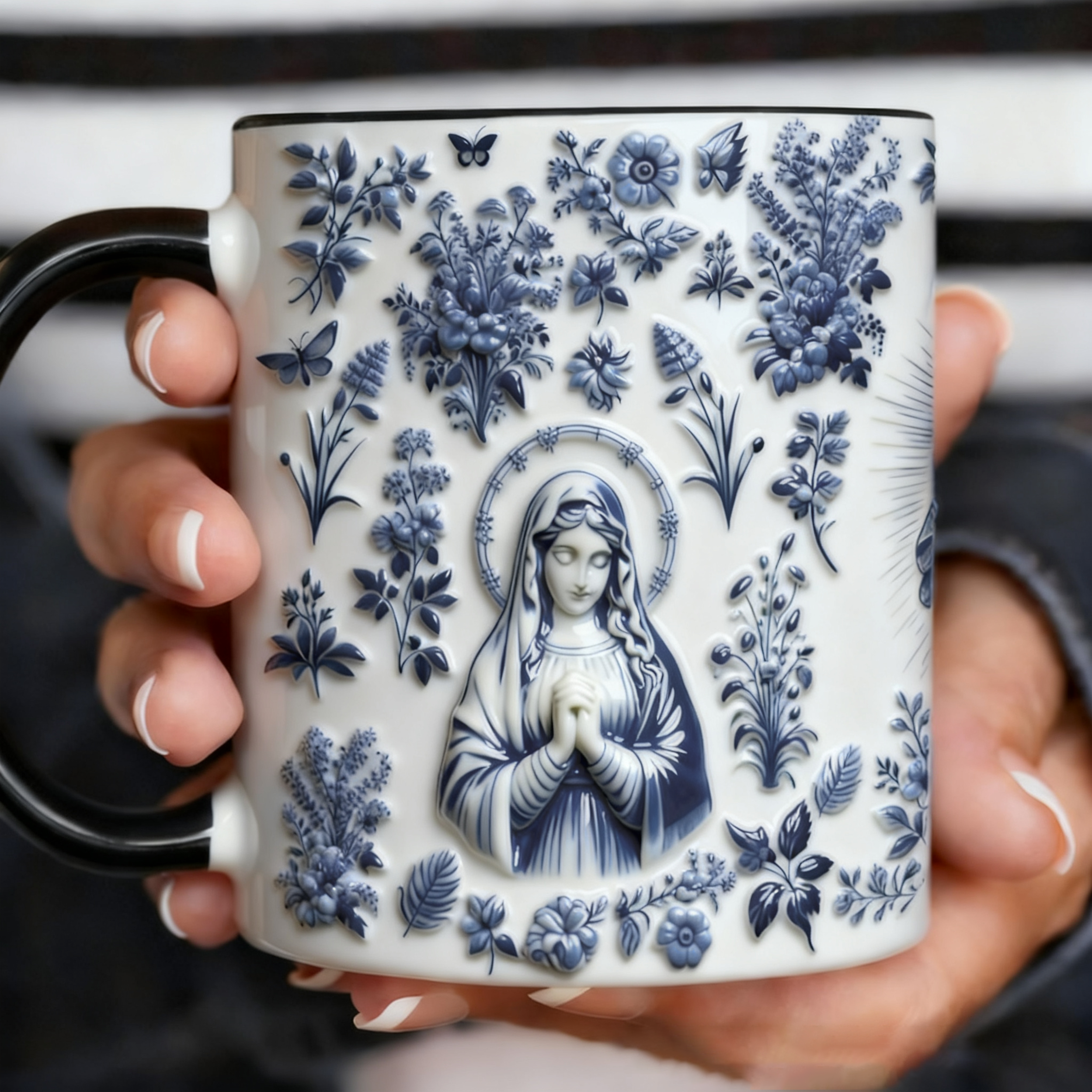 Personalized Catholic Virgin Mary Toile 11oz Ceramic Mug with Name 3D Effect Our Lady Coffee Cup Vintage Floral Marian Mug Christian Gift for Women
