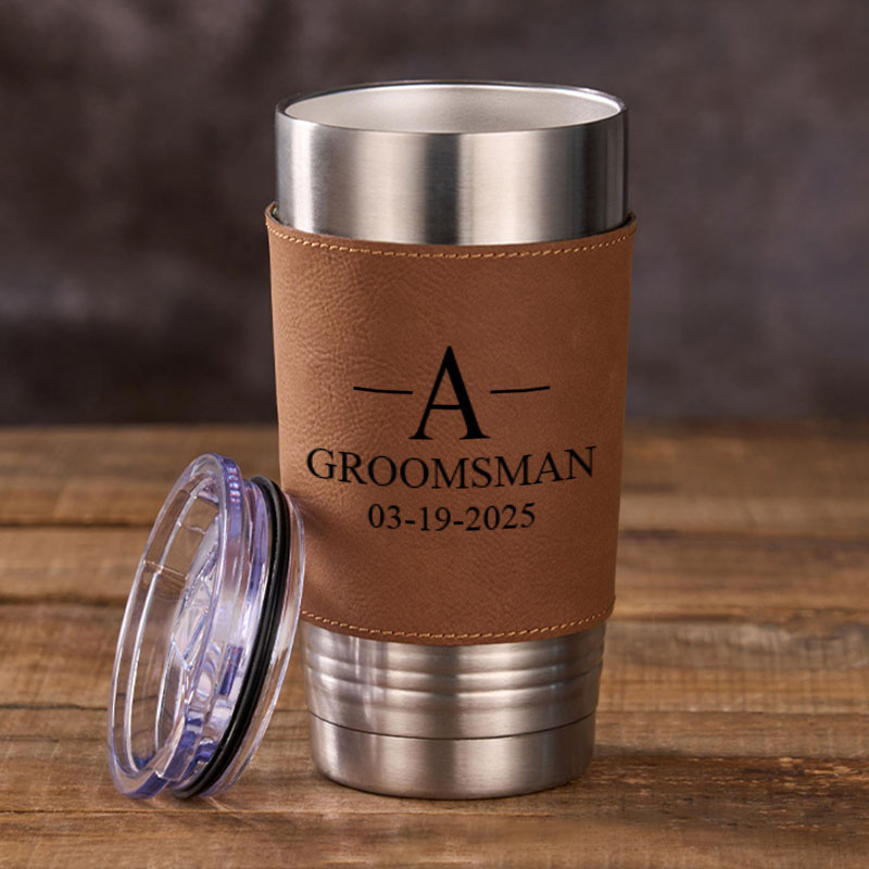 Personalized Wedding Party Tumbler Men’s 20oz Leather Tumbler Custom Groomsmen Gift Tumbler Groom Gift Best Man Bachelor Party Coffee Mugs