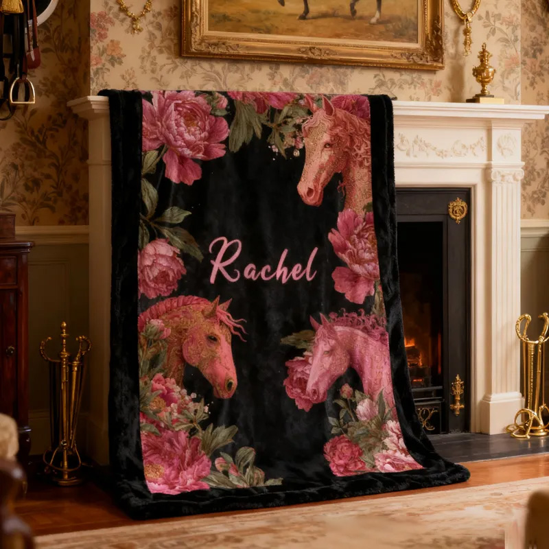 Personalized Riding Floral Blanket Equestrian Horse Custom Name Festive Flower Decor with French Countryside Gifts Family Blanket for Riding Lovers Equestrian Lovers