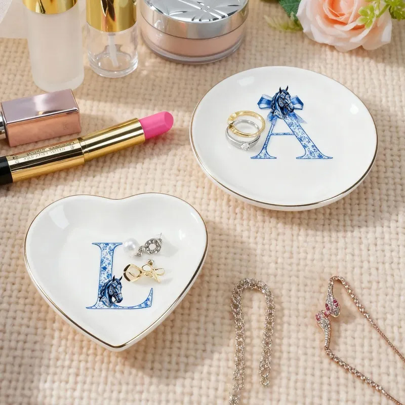 Personalized Blue Bow Horse Toile De Jouy Initial Ceramic Trinket Jewelry Dish Daily Use Birthday Gift for Girls Women Riding Lovers
