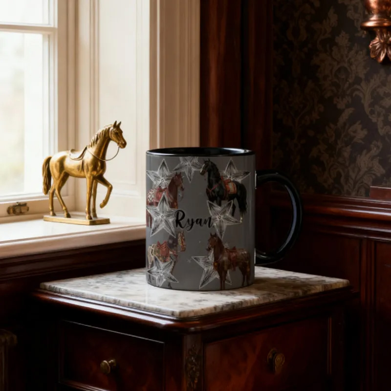 Personalized Riding Mug Stars Mug Horse Lovers French Toile de Jouy Coffee Cup Gift for Coffee Cup Bicycle Tea Cup Riding Ceramic Flower Mug Gift for Riding Lovers Equestrian Lovers