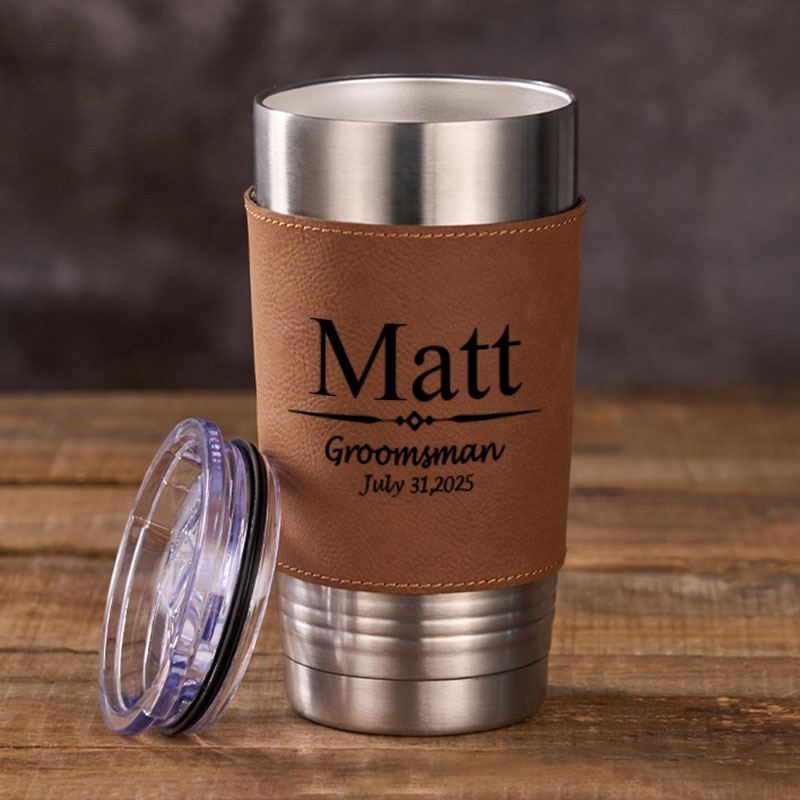 Personalized 20oz Leather Tumbler Engraved Groomsmen Gift Tumblers Groom Gift Tumbler with Sleeve Best Man Bachelor Party Coffee Mugs