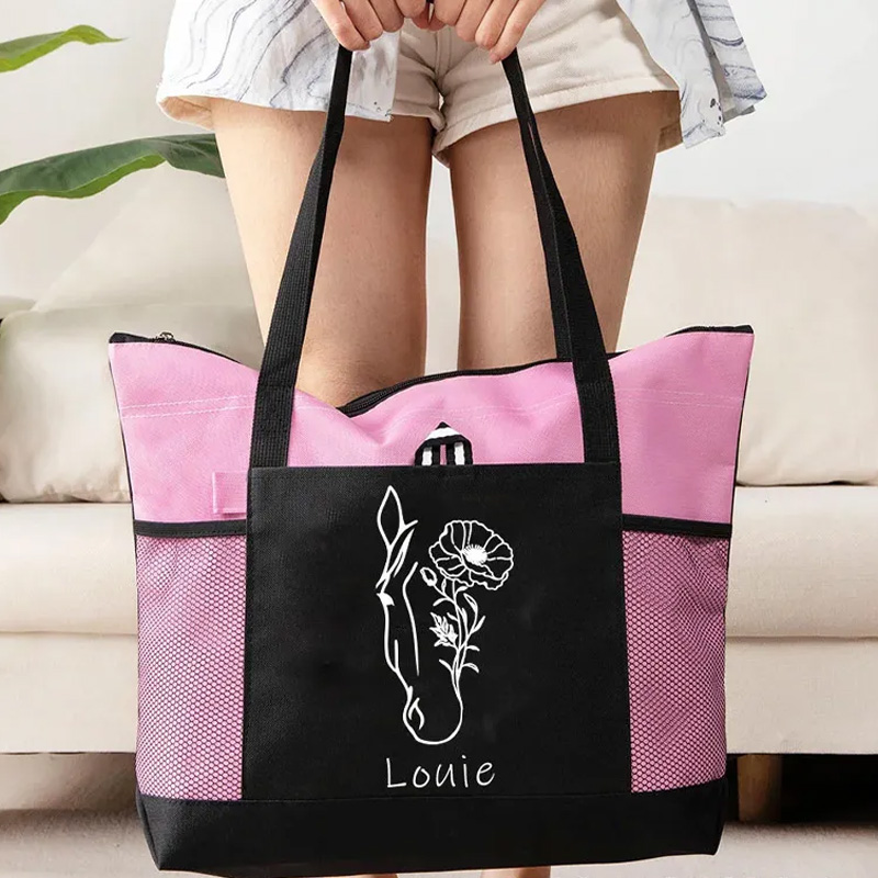 Personalized Horse Birth Flower Oxford Large Tote Bag with Name Travel Essentials Birthday Gift for Riding Lovers