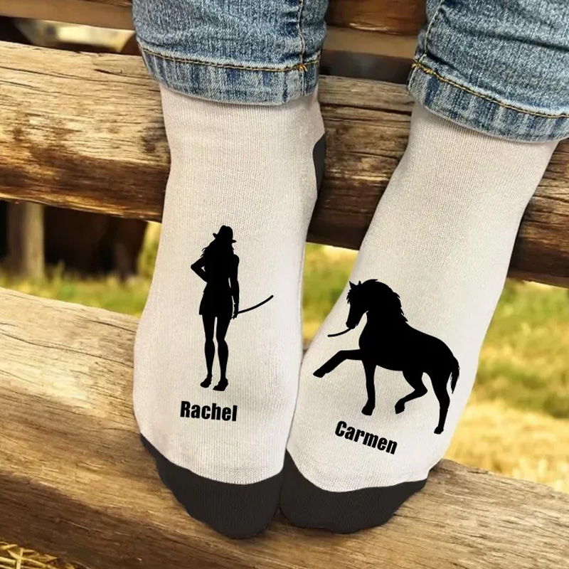 Personalized Horse Riding Socks Horse and Owner Silhouette Soft Midcalf Socks Custom Gift for Friend or Birthday Gifts for Rider Equestrian Riding Lovers