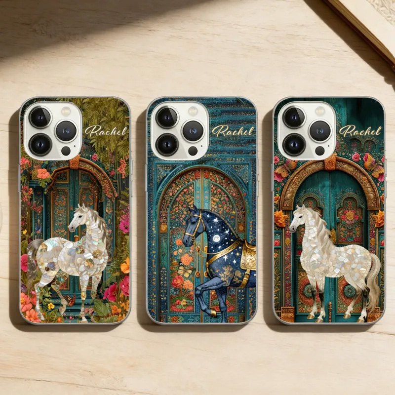 Personalized Vintage Garden Floral Horse Portable Kindle Case Phone Case with Name Daily Use Birthday Gift for Riding Lovers Equestrian Lovers Unique Style Phone Cases