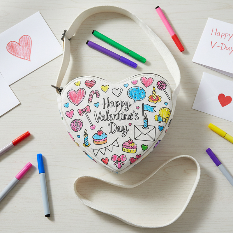 Personalized DIY Valentine's Canvas Bag Heart Shaped Coloring Tote for Kids with Markers
