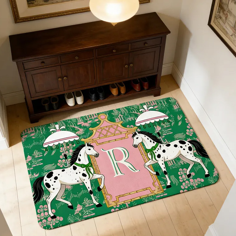 Personalized Horses Pagoda Chinoiserie Non Slip Door Mat with Initial Entryway Home Decor Housewarming Gift for Family for Riding Lovers Equestrian Lovers