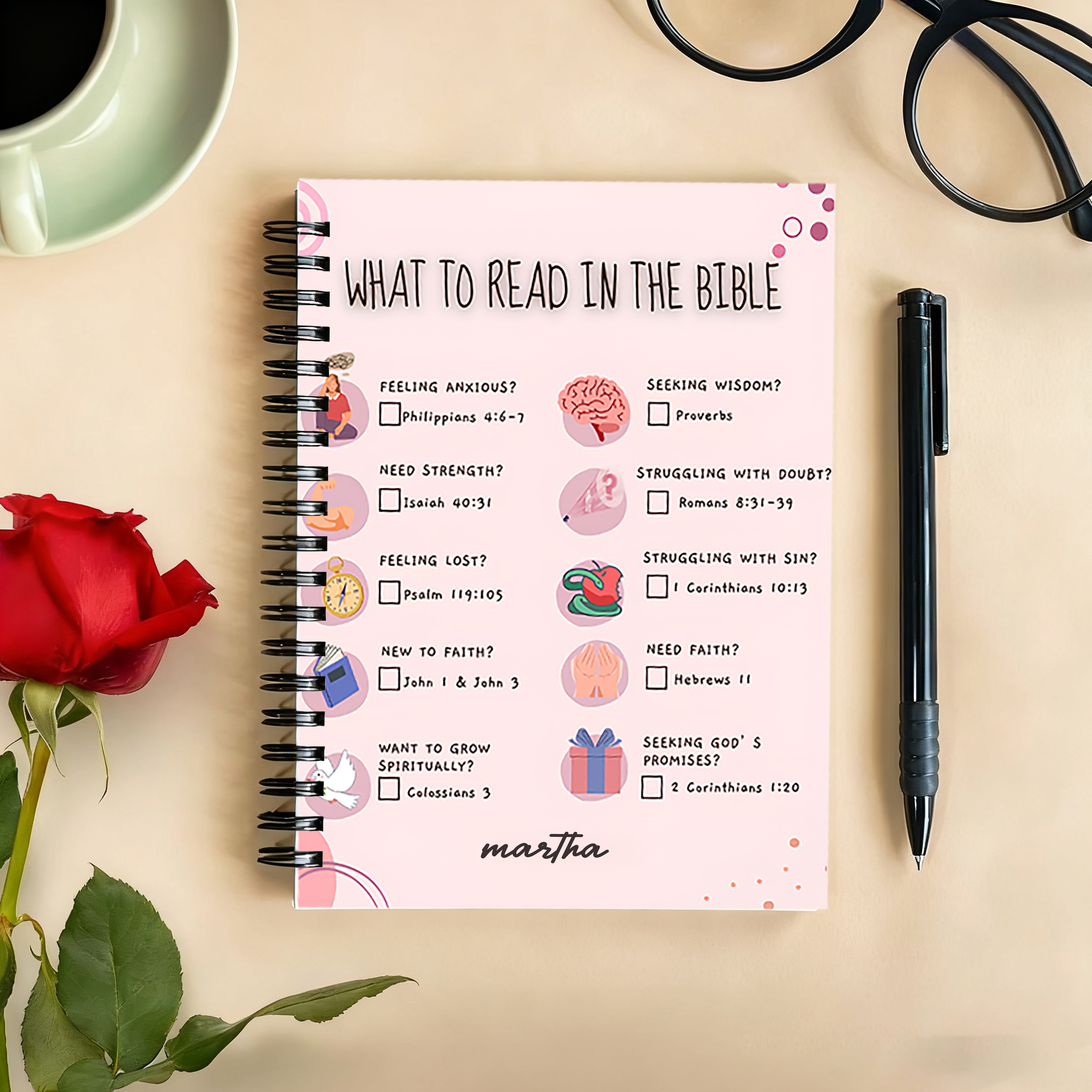 Personalized What to Read in the Bible A5 Spiral Notebook with Name Religious Baptism Gift Mother's Day Gift Birthday Gift for Christian Women