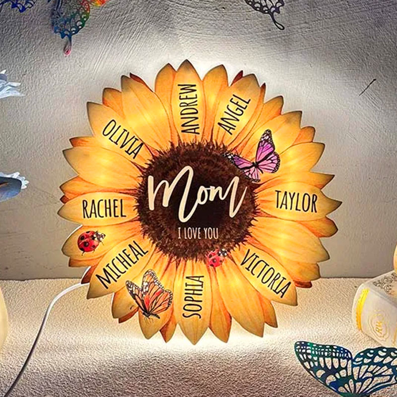 Personalized Family Member Name Sunflower Acrylic Lamp LED Night Light Custom Name Design for Mom Unique Gift for Mother's Day