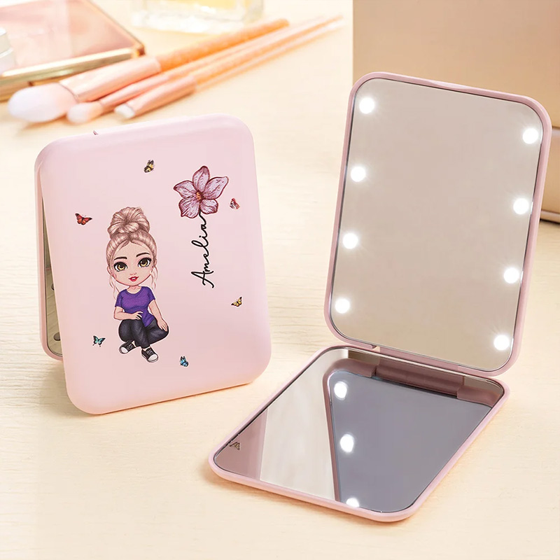 Personalized Cartoon Character Portable LED Double-Sided Compact Makeup Mirror with Birth Flower and Name Birthday Bridesmaid Gift for Women
