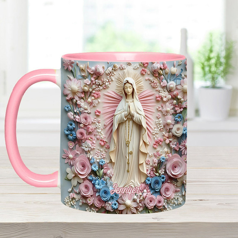 Personalized Floral Serenity of Mary Ceramic Mug with Name Religious Inspirational Gift Catholic Gift for Women