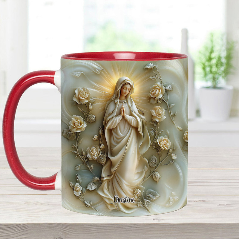 Personalized Virgin Mary Floral Ceramic Mug with Name Religious Inspirational Gift Catholic Gift for Women
