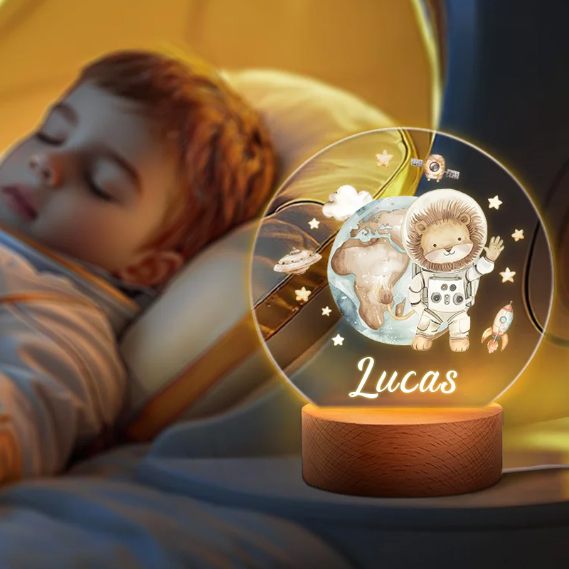 Personalized Cute Lion Bear Animal Astronauts Solar System Planets LED Night Light with Name and Wooden Base Nursery Decor Birthday Gift for Geek Lover
