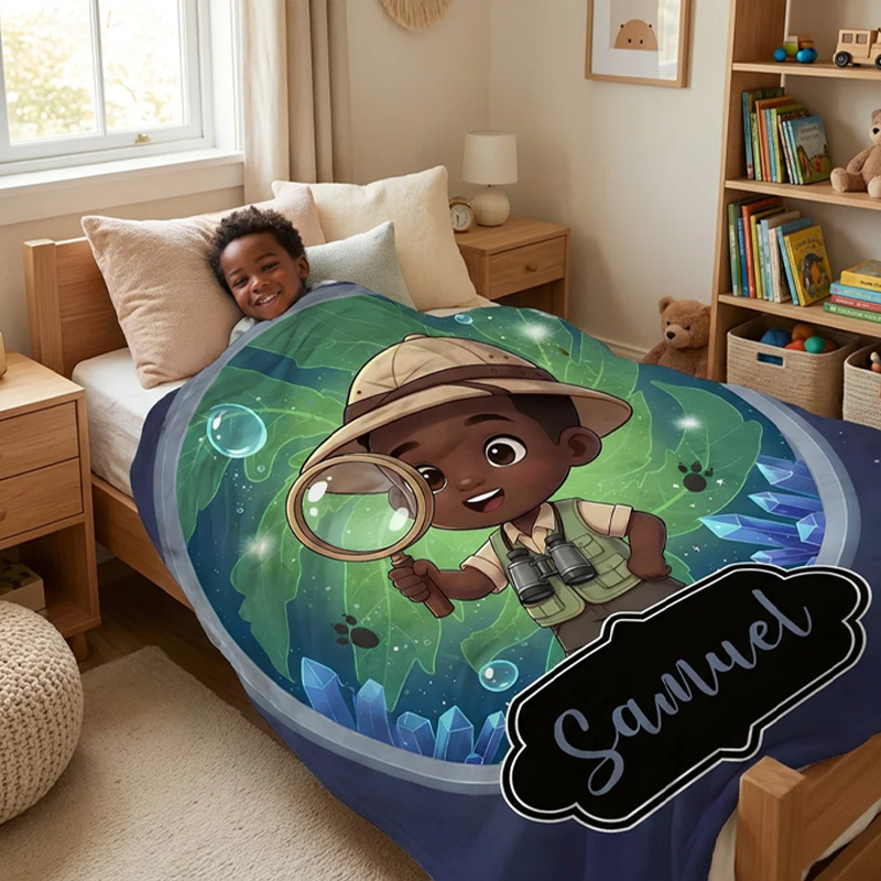 Personalized Cute Cartoon Little Dreamer Black Boy Soft Throw Blanket with Name Home Decor Birthday Gift for Geek Lover