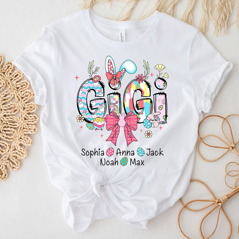Personalized Gigi Easter Shirt with Grandkids Names, Cute Bunny Spring Family Tee Easter Gift for Grandma