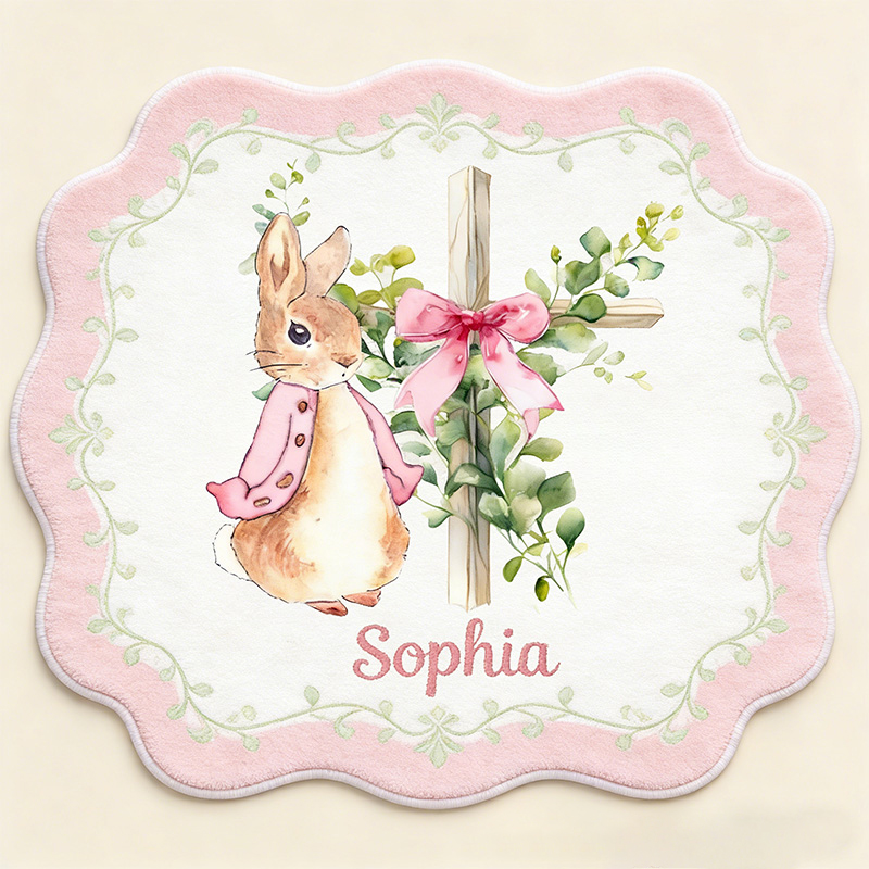 Personalize Floral Bow Cross Rabbit Rug with Custom Name Home Decor Religious Rug Faith Based Gift Easter Gift Christian Gift for Kids