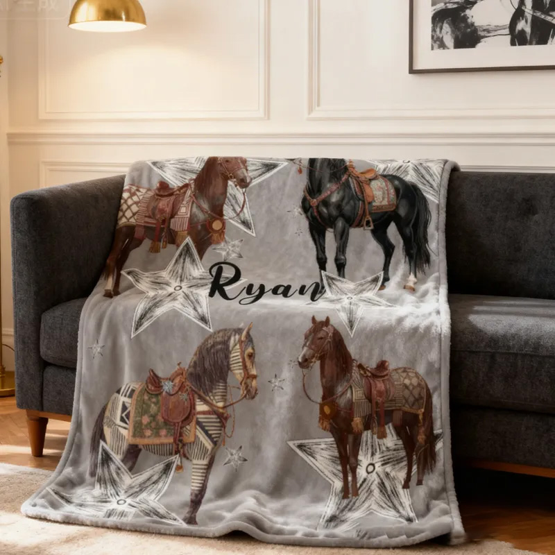 Personalized Riding Star Blanket Equestrian Horse Custom Name Festive Stars Decor with French Countryside Gifts Family Blanket for Riding Lovers Equestrian Lovers