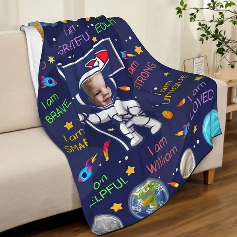 Personalized Cute Astronaut Galaxy Photo Name Throw Blanket with Positive Affirmations Phrase Birthday Gift for Geek Lover