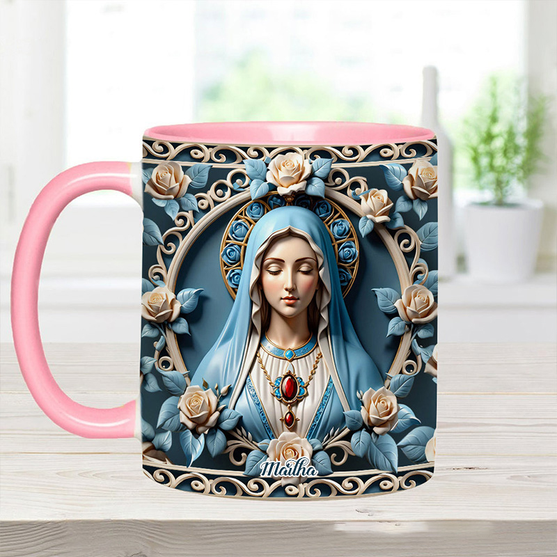 Personalized Mother of God Rosette Wreath Emblem Ceramic Mug with Name Religious Inspirational Gift Faith Gift Catholic Gift for Women