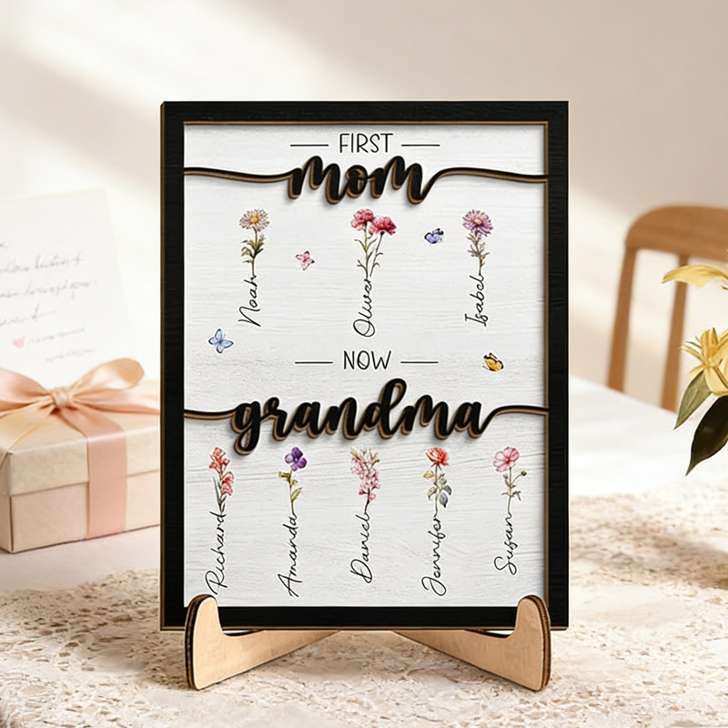 Personalized Birth Month Flower First Mom Now Grandma Custom Two-layer Wooden Plaque Gift for Grandma Grandparent Mother's Day Birthday