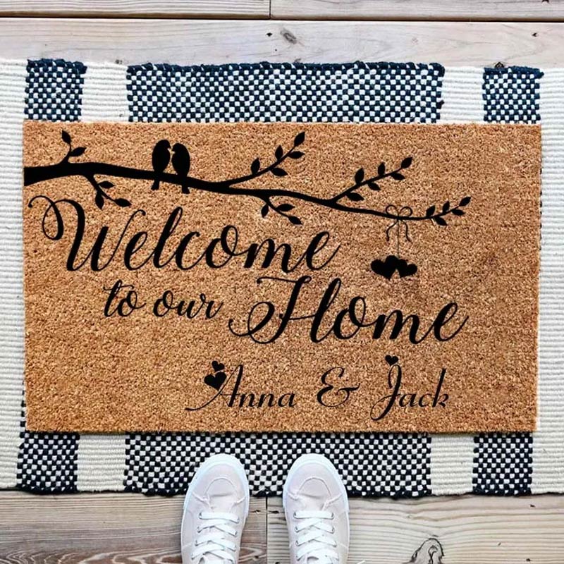 Personalized Welcome Door Mat Welcome to our Home Mat with Love Birds Indoor Outdoor Rug for Couple Housewarming Gift