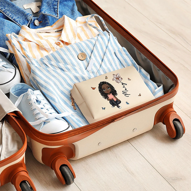 Personalized Cartoon Character Leather Makeup Pouch Bag with Birth Flower and Name Portable Bride Essentials Birthday Bridesmaid Gift for Women Girls