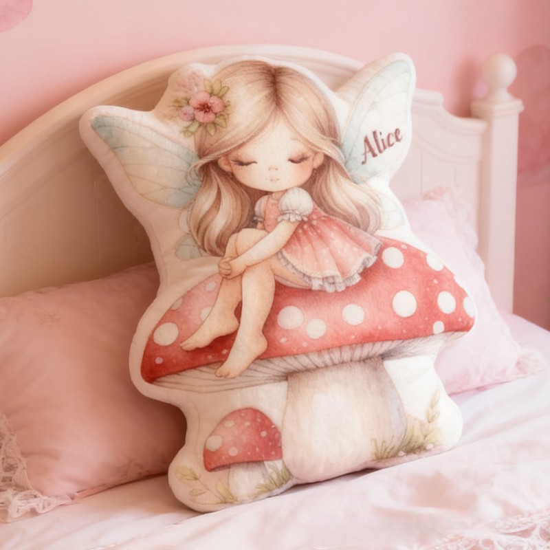 Personalized Fairy Girl Custom Name Soft Decorative Gift Magical Fantasy Style Cozy Nursery Sweet Mushroom Dream Lovely Wings Enchanted Forest Graphic 3D Print Pillow