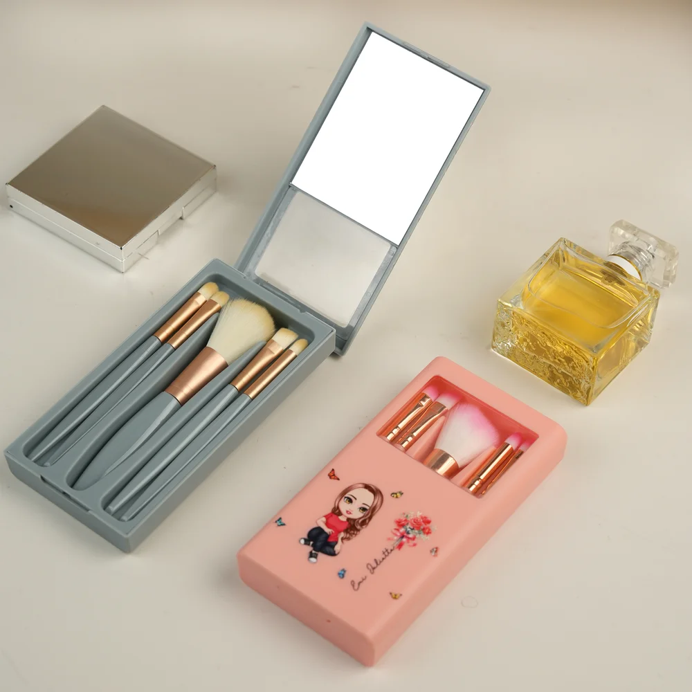 Personalized Birth Flower Bouquet Name Cartoon 5 Pcs Makeup Brush Bridesmaid Gift Storage Box Set with Mirror Birthday Bridal Shower Gift for Her