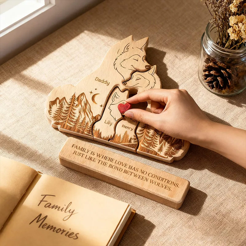 Personalized Wooden Wolf Family Puzzle Happy Wolf Family With Names