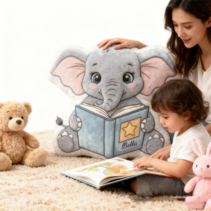 Personalized Reading Elephant Throw Pillow Graphic 3D Print Animal Pillow with Name for Kids Boys Girls Book Lover Gifts Birthday Gift