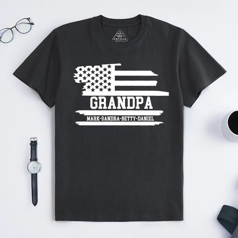 Personalized Grandpa Flag T-Shirt with Grandkids Names Gift for Grandfather Father's Day Birthday Comfortable Cotton Shirt for Men