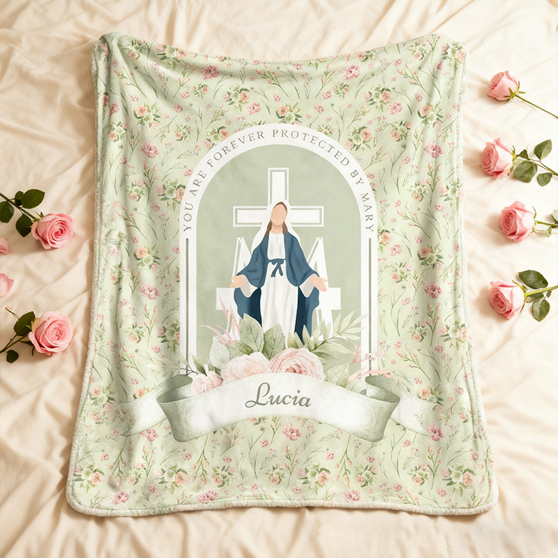 Personalized you are Forever Protected by Mary Floral Throw Blanket with Name Home Decor Religious Gift Catholic Gift for Women