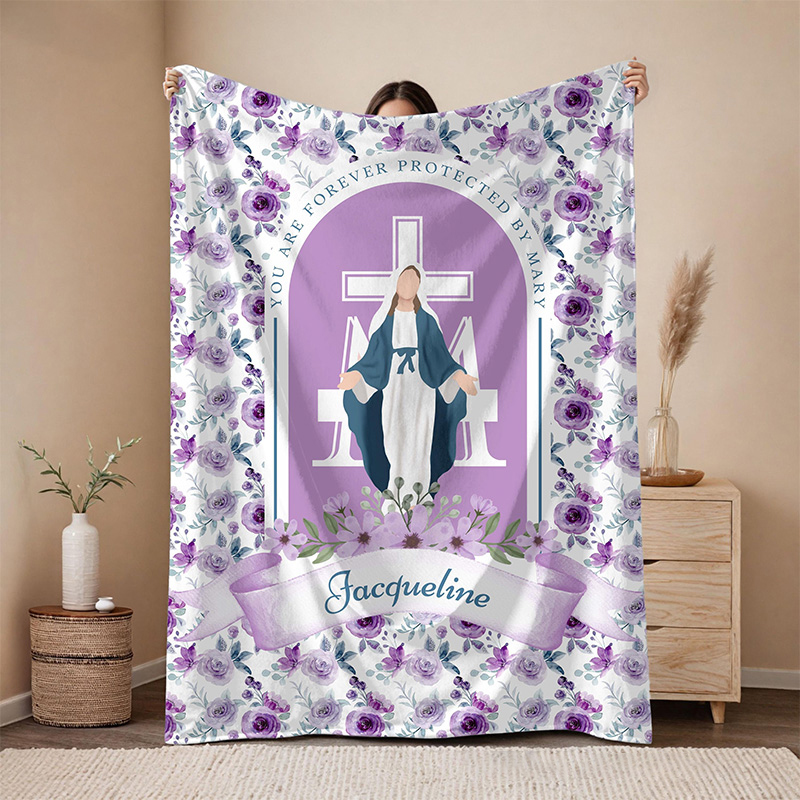 Personalized Purple Floral you are Forever Protected by Mary Throw Blanket with Name Home Decor Religious Gift Catholic Gift for Women