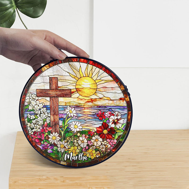 Personalized Cross Wildflowers Stained Glass Suncatcher Ornament with Name Window Balcony Hanging Decor Home Decor Religious Faith Gift