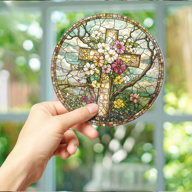 Personalized Floral Cross Stained Glass Suncatcher Ornament with Name Window Balcony Hanging Decor Home Decor Religious Gift