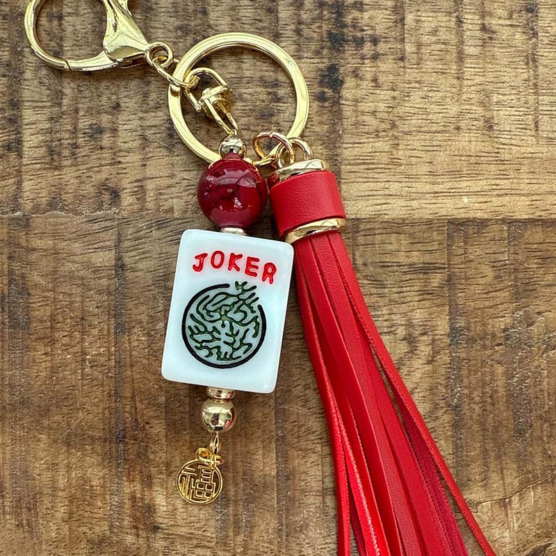 Handmade Mahjong Tile Bag Charm with Tassel Mixed Beads Mahjong Tile Keychain