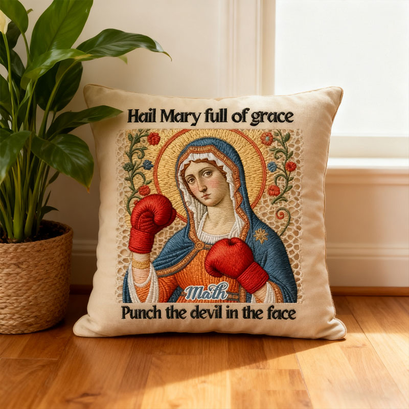 Personalized Hail Mary Full of Grace Punch the Devil in the Face Catholic Meme Pillow with Custom Name Humorou Religious Gift Graphic 3D Print Pillow