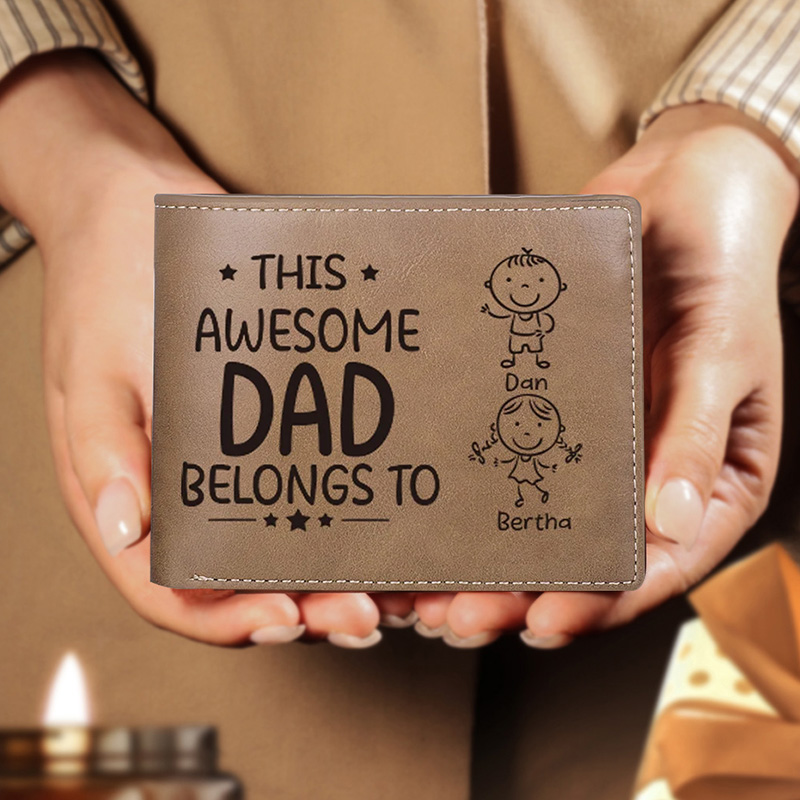 Personalised Doll Engraved Leather Men's Wallet Custome Name Folding Wallet With Kids Name for Dad Father's Day Gift