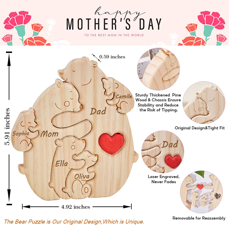 Personalized Wooden Bear Family Puzzle Custom Engraved Name Puzzle for Family Home Decor Family Keepsake Gift for Mum New Dad Anniversary Gifts