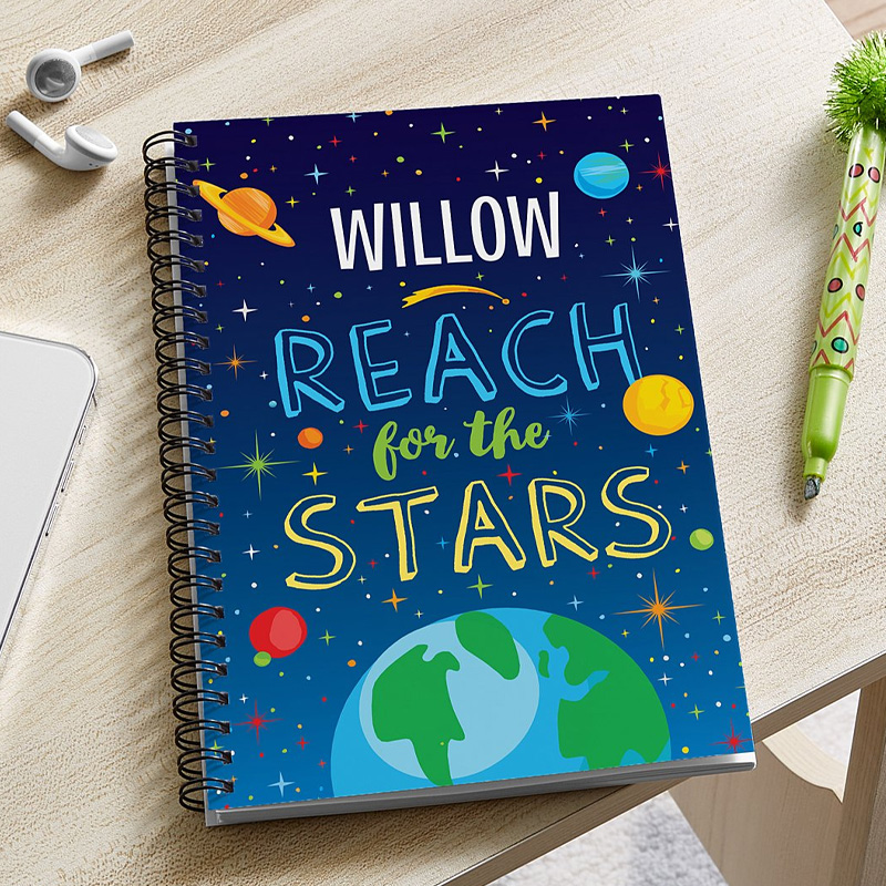 Personalized Reach For The Stars Notebook Colorful Design for Space Geek Lover
