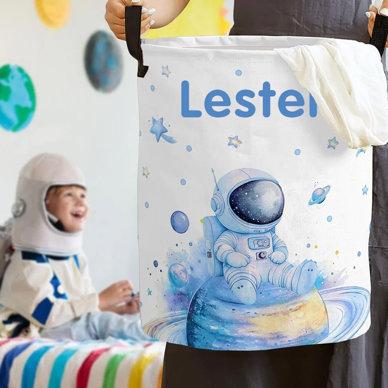 Personalized Watercolor Spaceman Storage Laundry Basket with Name Waterproof Nursery Decoration Children's Day Housewarming Gift for Gamer Geek Lover