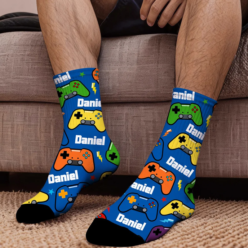 Personalized Multicolor Game Controller MidCalf Socks with Name Daily Use Birthday Gift for Game Friend Geek Lover
