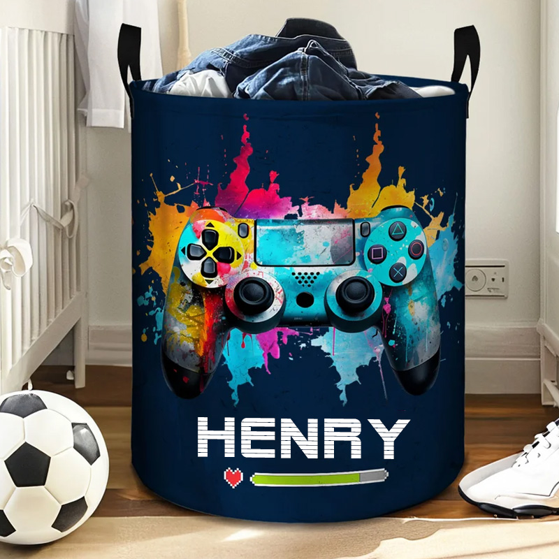 Personalized Ink Splash Game Controller Waterproof Large Laundry Basket with Name and Handle Birthday Housewarming Gift for Game Friends Geek Lover