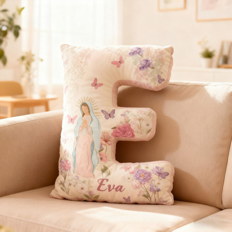 Personalized Virgin Mary Letter Pillow with Custom Name Catholic Home Decor Religious Gift for Her Floral Butterfly Graphic 3D Print Pillow