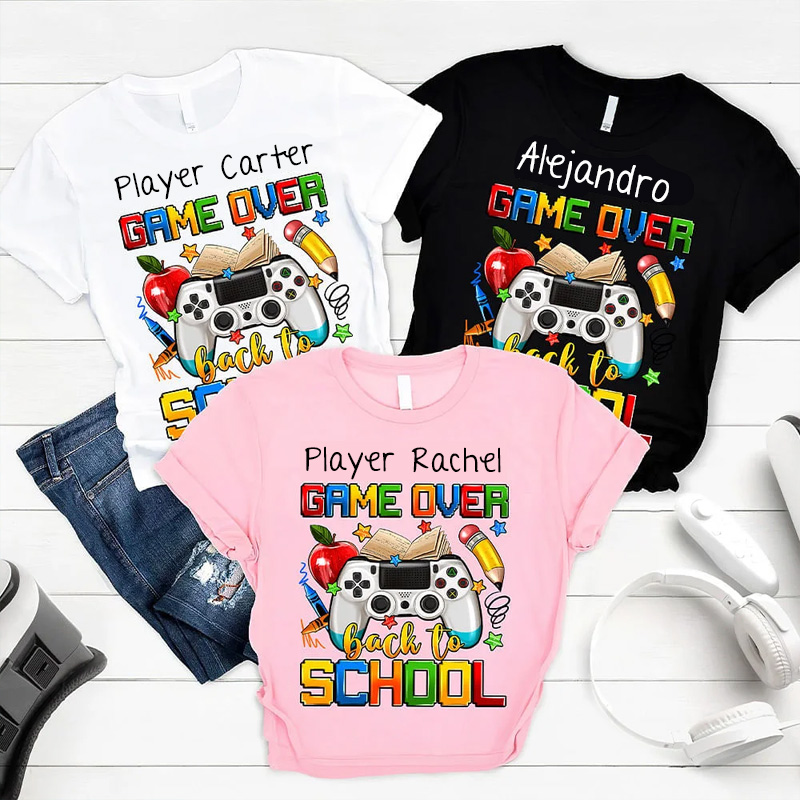 Personalized Multi-color Game Over Back To School 100 Cotton Kid T-shirt with Name School Season Gift for Girls Boys Geek Lover