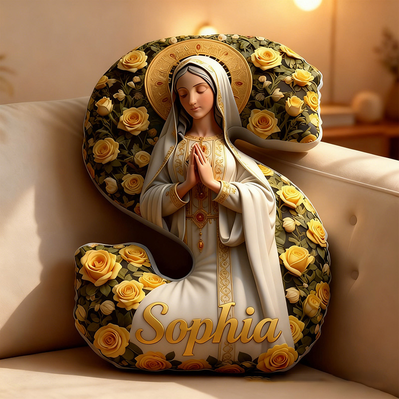 Personalized Virgin Mary Letter Pillow Graphic 3D Print Pillow with Custom Name Religious Home Decor Catholic Prayer Gift for Her Yellow Rose 