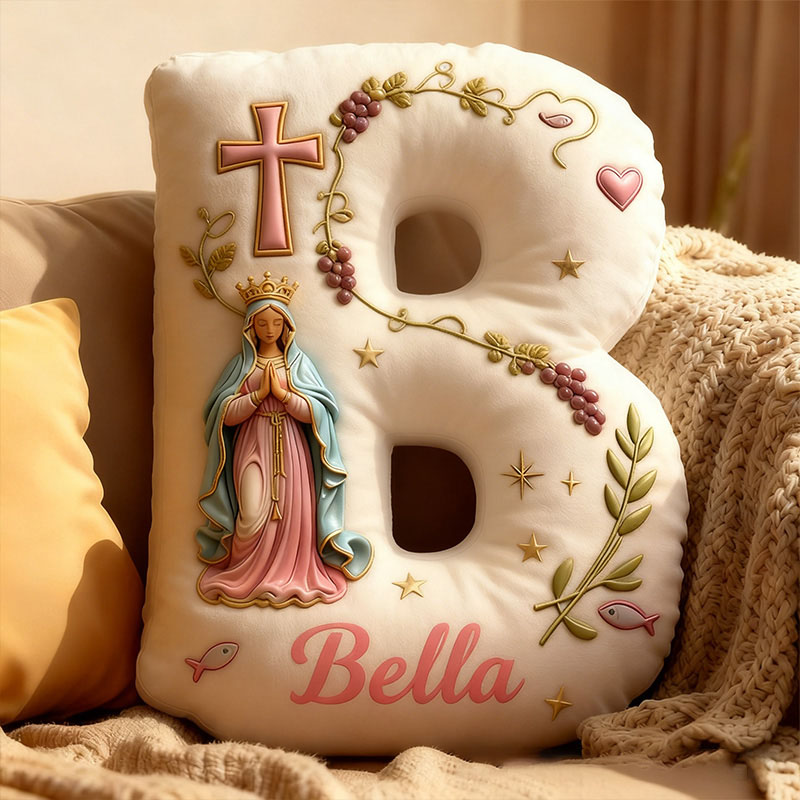Personalized Cross Virgin Mary Letter Pillow Graphic 3D Print Pillow with Custom Name Home Decor Religious Faith Gift Catholic Gift