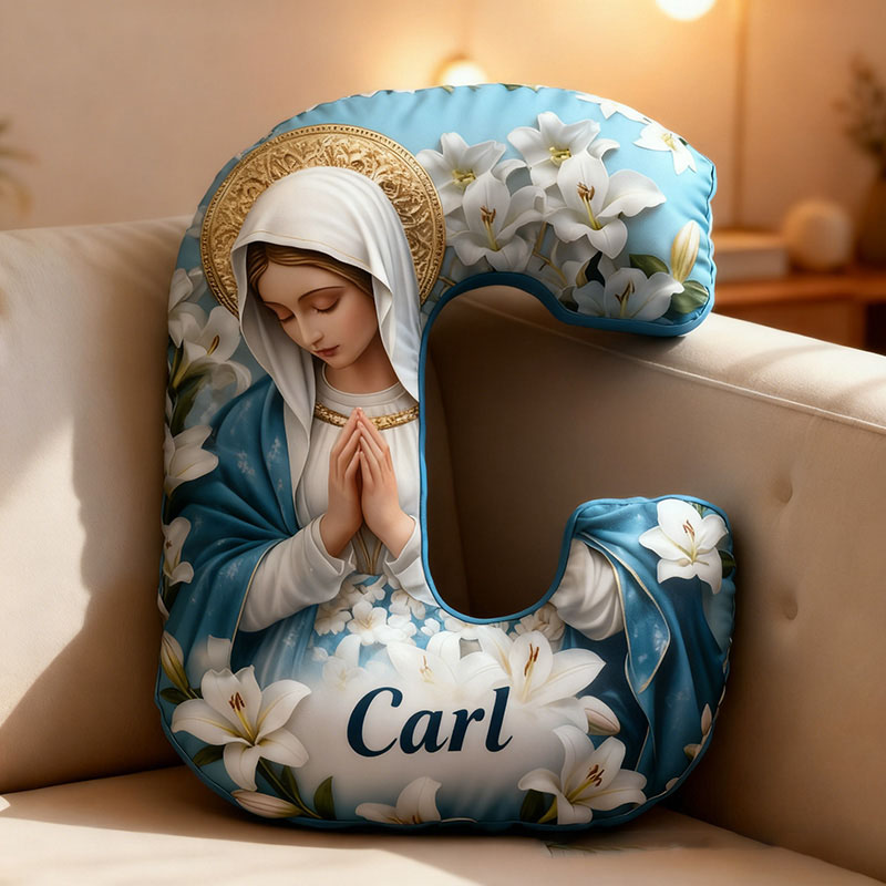 Personalized Vergin Mary with White Lilies Letter Pillow Graphic 3D Print Pillow with Custom Name Home Decor Religious Gift Catholic Gift for Her