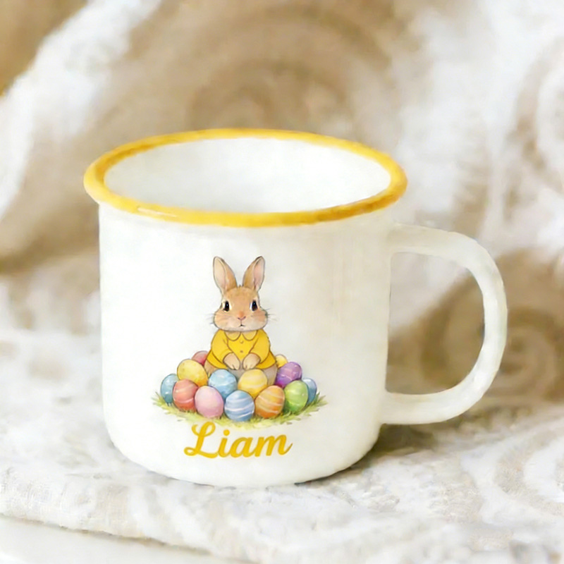 Personalized Cute Easter Egg and Rabbit Bunny Enamel Mug with Name Back to School Birthday Easter Gift for Kids