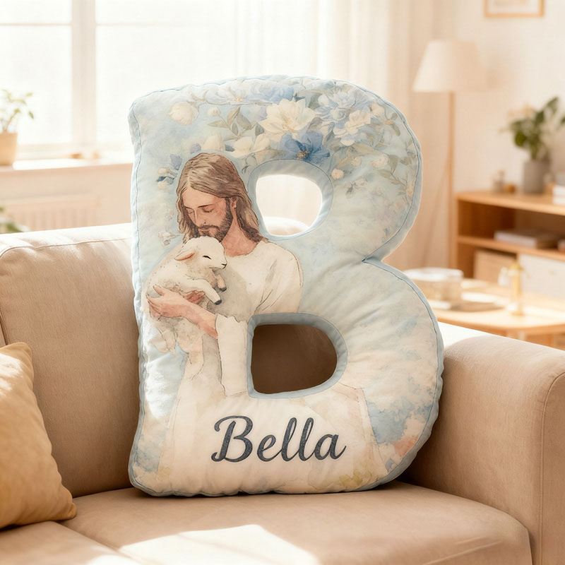 Personalized Jesus Lamb Letter Pillow with Custom Name Religious Home Decor Graphic 3D Print Pillow Christian Gift Faith Gift for Jesus Lover